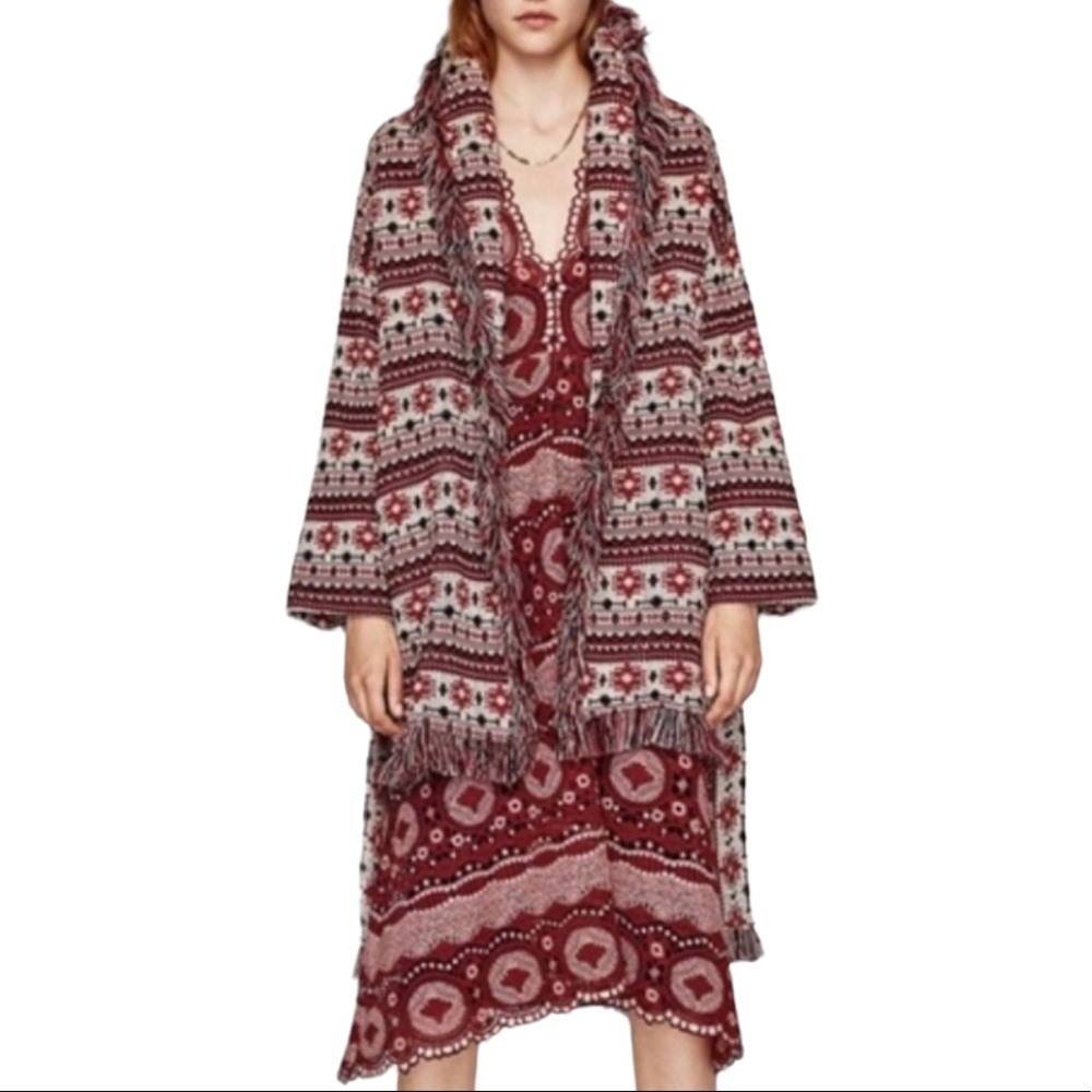XS Zara Fringe Jacquard Blogger Fave Jacket Belted Coat Aztec Boho Shacket